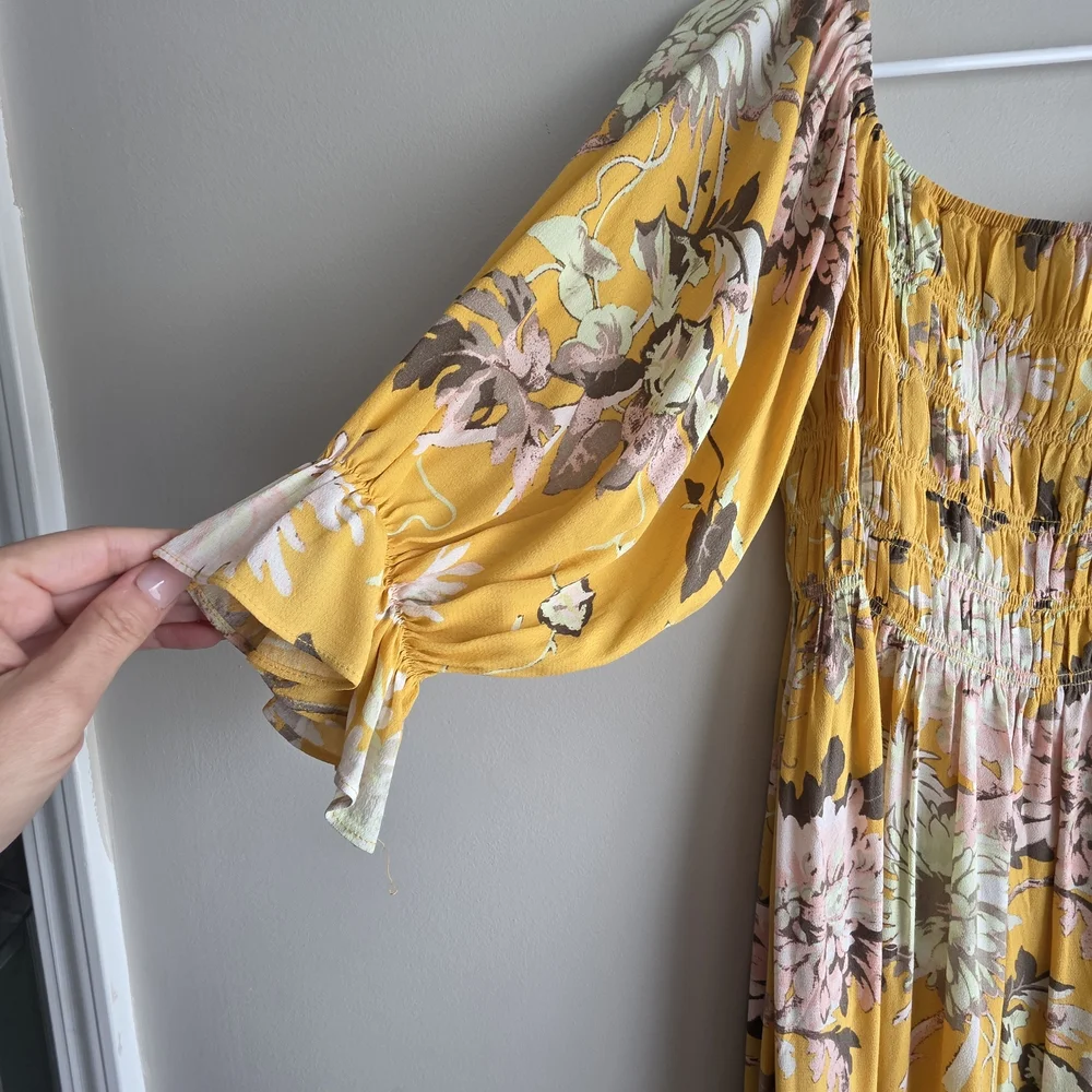 H&M Mustard Yellow Floral Smocked Off-The-Shoulder Mini Dress - Picture 6 of 12